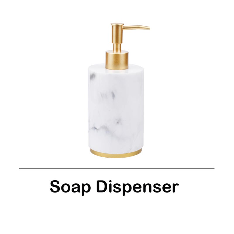 Jung Ford 5-Piece Bathroom Counter Top Accessory Set - Dispenser for Liquid Soap or Lotion, Soap Dish, 2 Tumblers and Toothbrush Holder, Marble Pattern Resin (White) - Image 4
